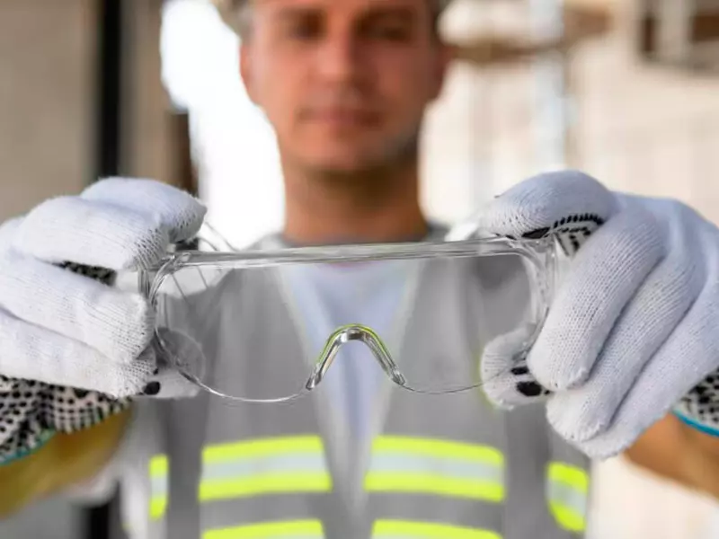 Funcionário SANCRIS usando seus EPI’s, luva de proteção, óculos de proteção e colete refletivo.