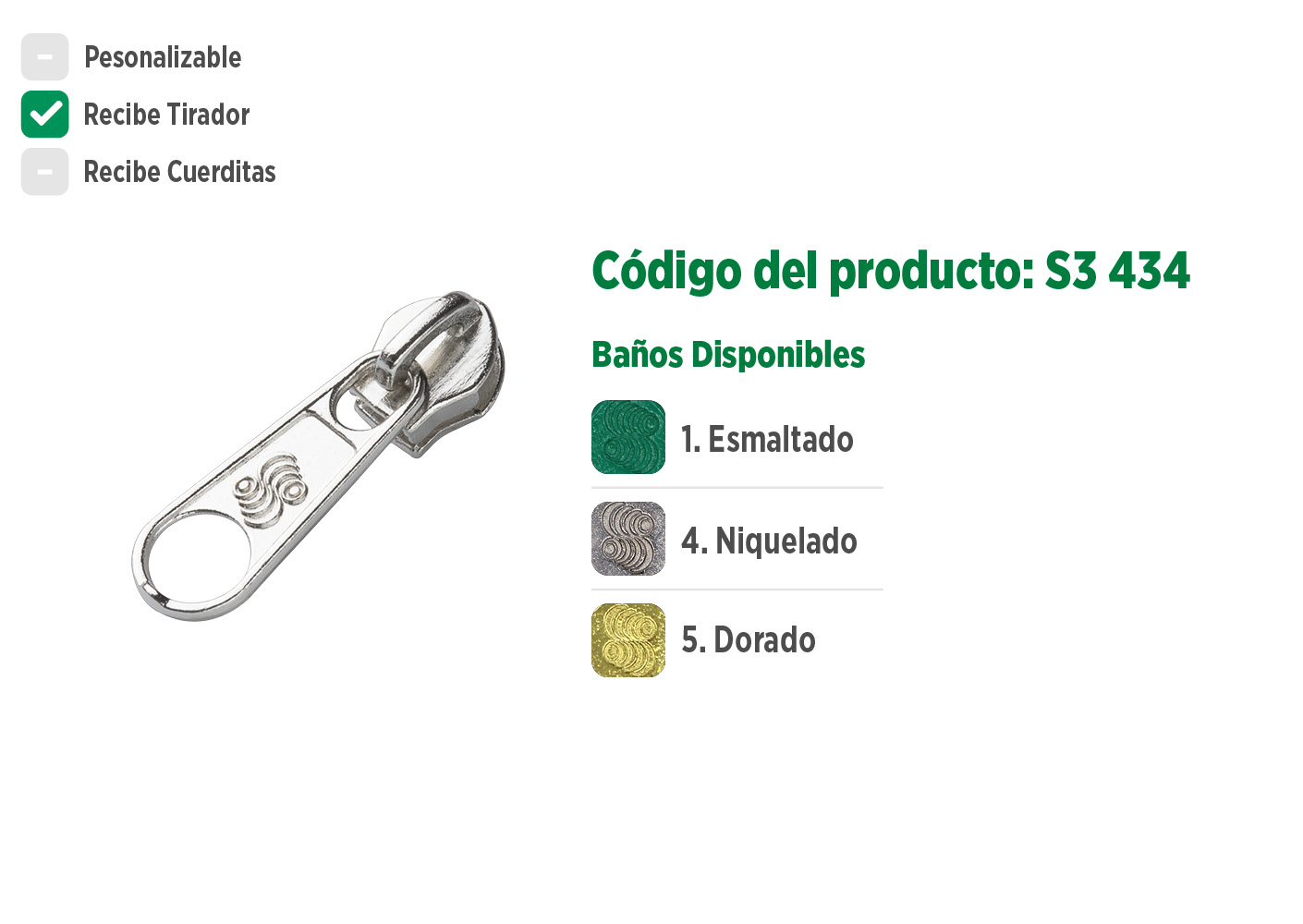 Deslizador S3434 SANCRIS para zíper sintético fino, Zíper de nylon fino, zíper comum fino, zíper simples fino.