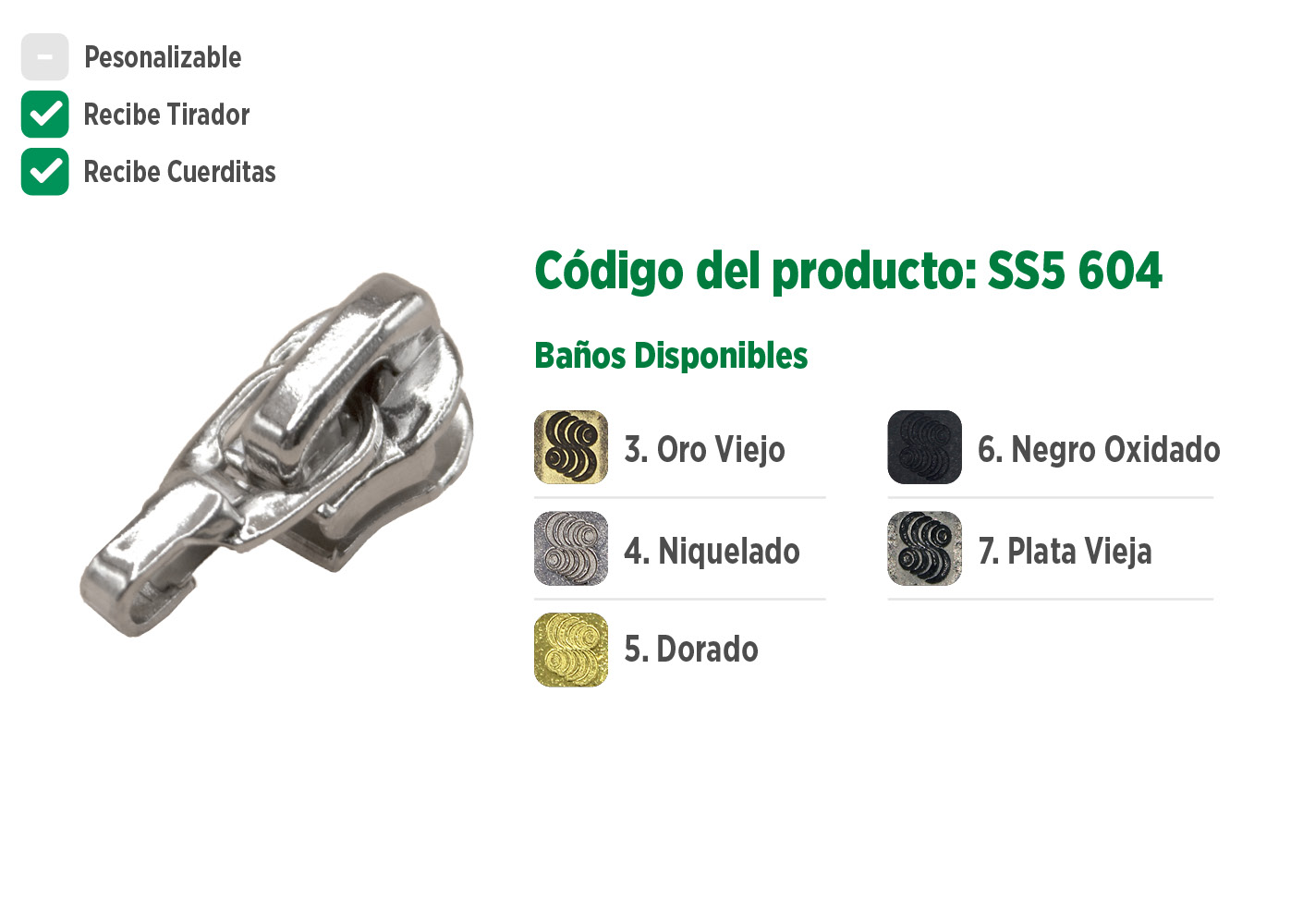 Deslizador S5604 SANCRIS para zíper sintético 5 Standard, Zíper de nylon grosso, zíper comum grosso, zíper simples grosso.