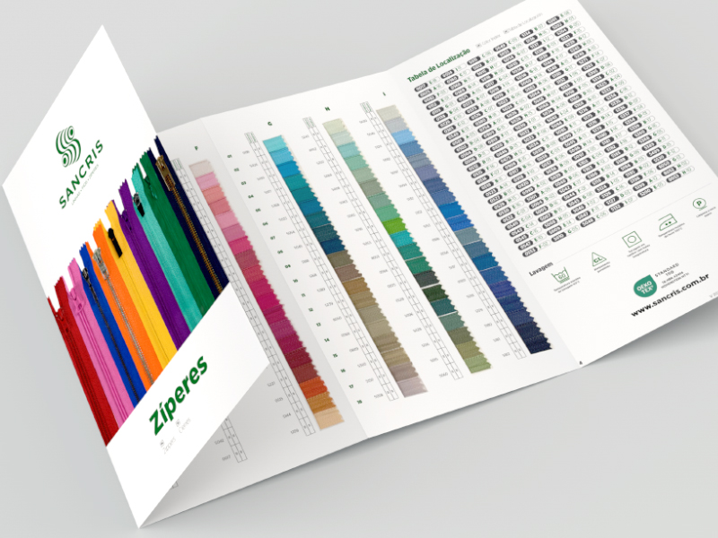 Cartela de cores SANCRIS para Zíper Metálico médio, zíper de braguilha, zíper de vista ou zíper decorativo.