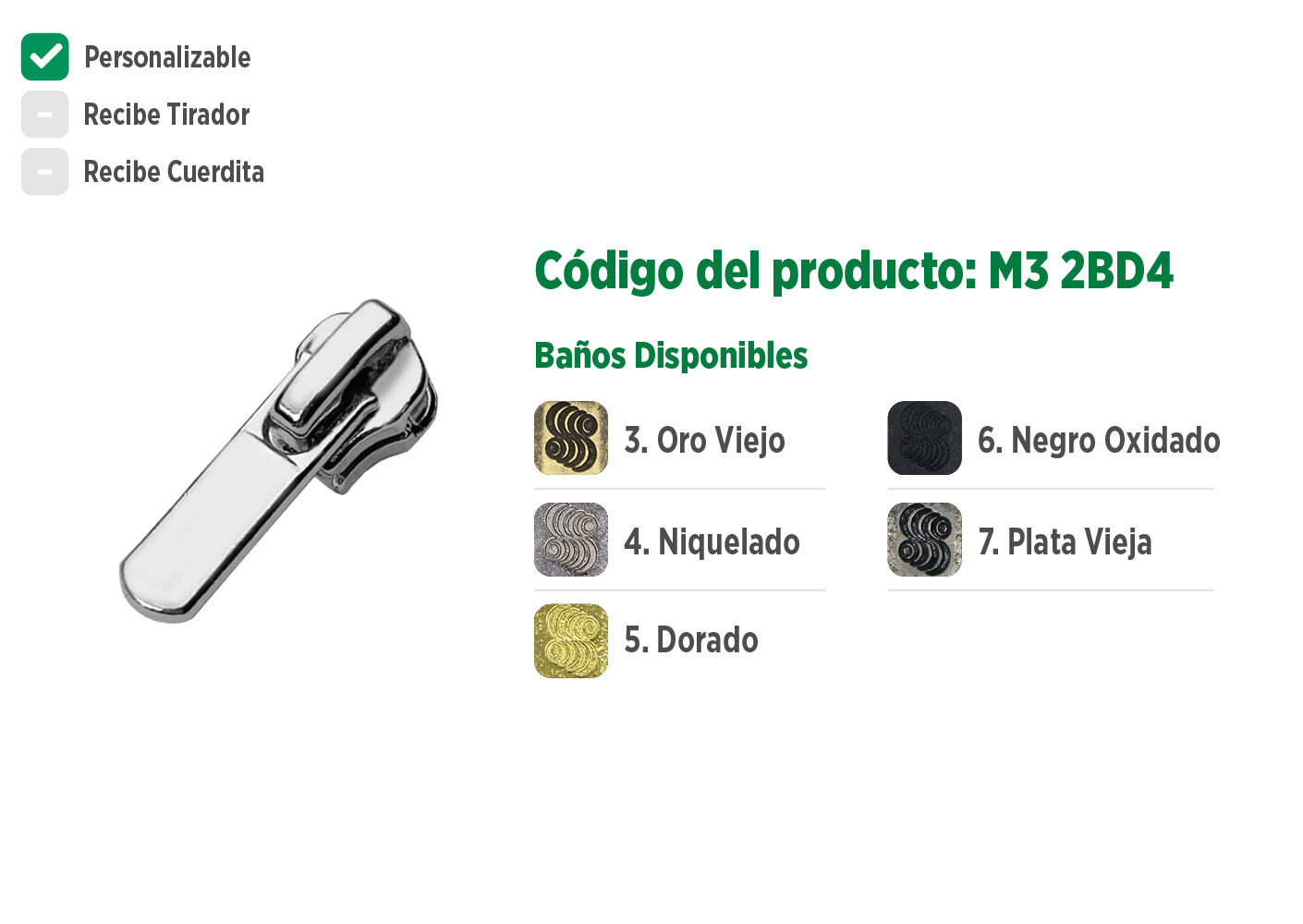 Deslizador M32BD4 SANCRIS para zíper metálico médio, zíper de braguilha, zíper de vista ou zíper decorativo.